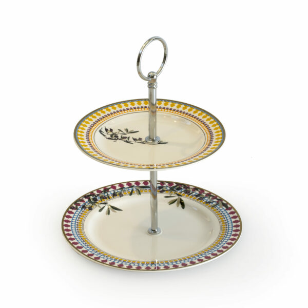 2-Tier cake stand, consisting of a 6.5" plate as the lower tier, and a 4" plate as the upper tier, adorned with olives leaves and branches and gold-print Arabic calligraphy.