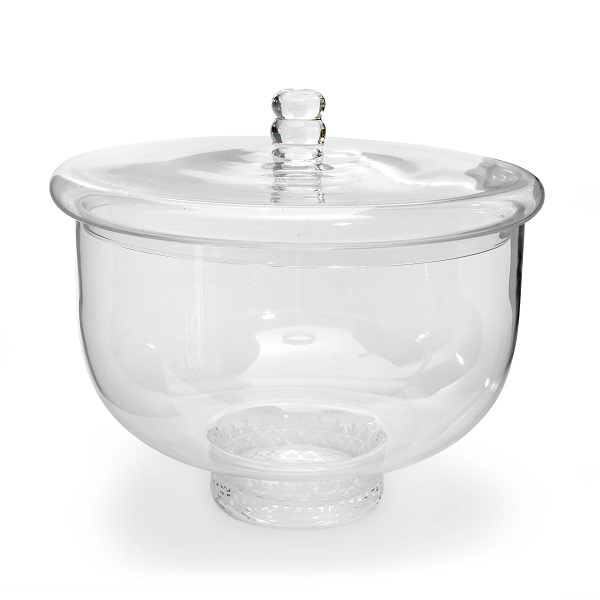 alt="clear bonbonier with lid and white design"