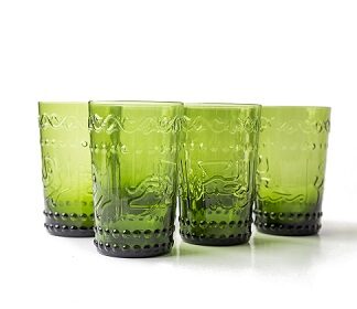 alt="juice and water glasses embossed green"